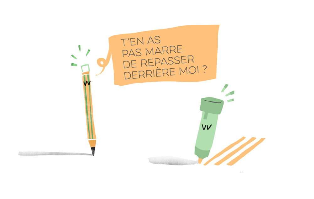 Un crayon et un surligneur en conversation, symbolisant la créativité et l'échange d'idées dans notre espace de coworking à Blois (41)