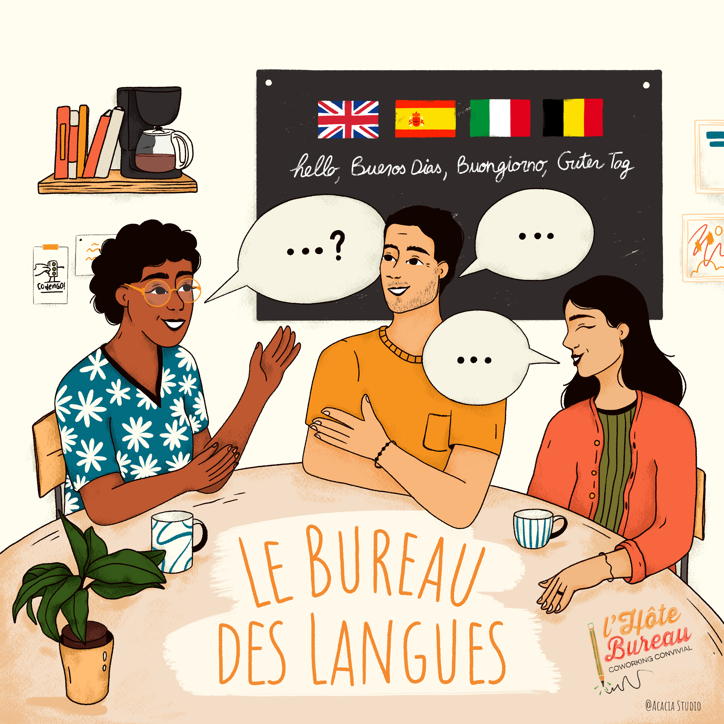 Le Bureau des Langues : un café des langues en centre-ville de Blois à l'Hôte Bureau - illustration Acacia Studio